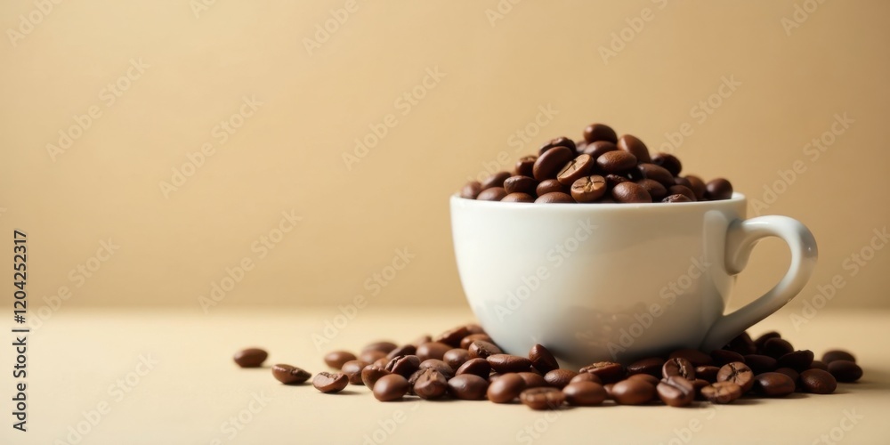 A cup overflowing with roasted coffee beans sits on a neutral background, spilling some beans onto the surface; a simple yet evocative image. A cup overflowing with roasted coffee beans sits on a neutral background, spilling some beans onto the surface; a simple yet evocative image.