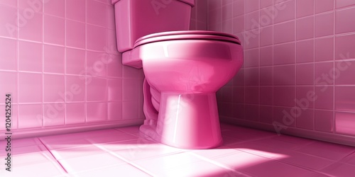 All pink bathroom with shiny tiles	 photo