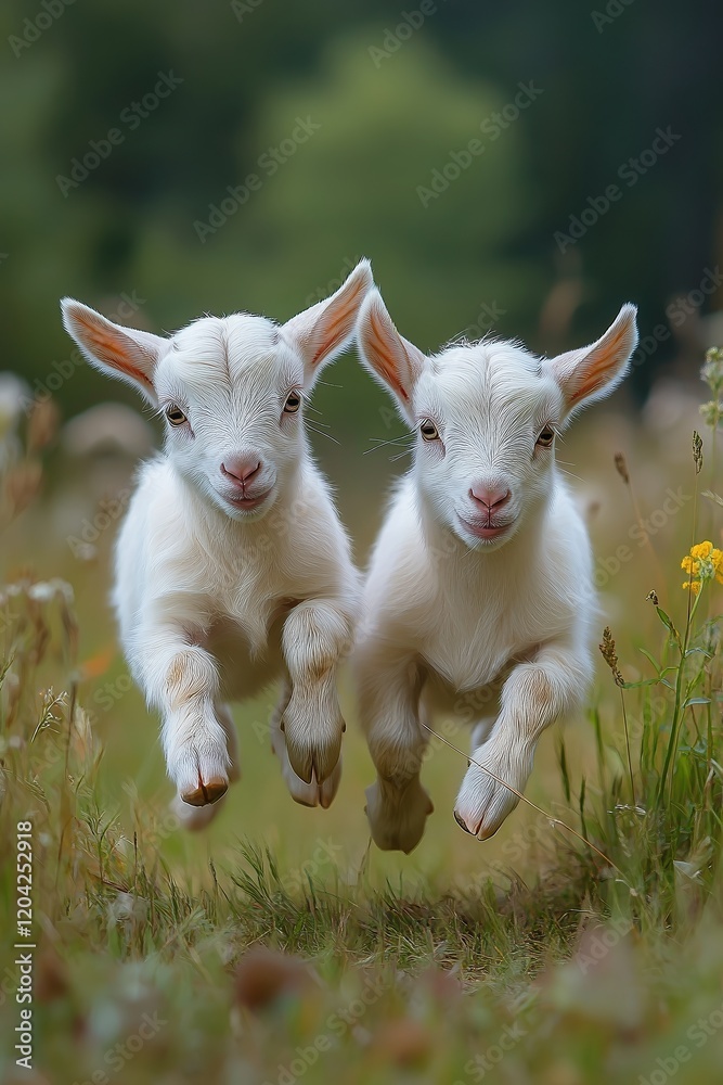 Obraz premium Two playful white baby goats leaping through grassy meadow surrounded by wildflowers and soft-focus forest backdrop. Energetic and joyful nature moment full of charm.