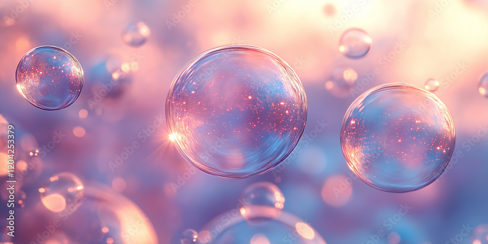 A burst of soap bubbles floating in a soft, pastel-colored sky, with the sun gently illuminating the edges, creating a surreal, magical feeling, as they shimmer with hues of pink, blue, and violet A burst of soap bubbles floating in a soft, pastel-colored sky, with the sun gently illuminating the edges, creating a surreal, magical feeling, as they shimmer with hues of pink, blue, and violet