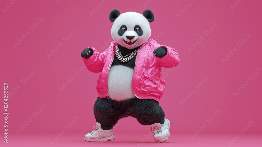 Cool 3D Rendered Panda in Pink Jacket and Sneakers on Pink Background