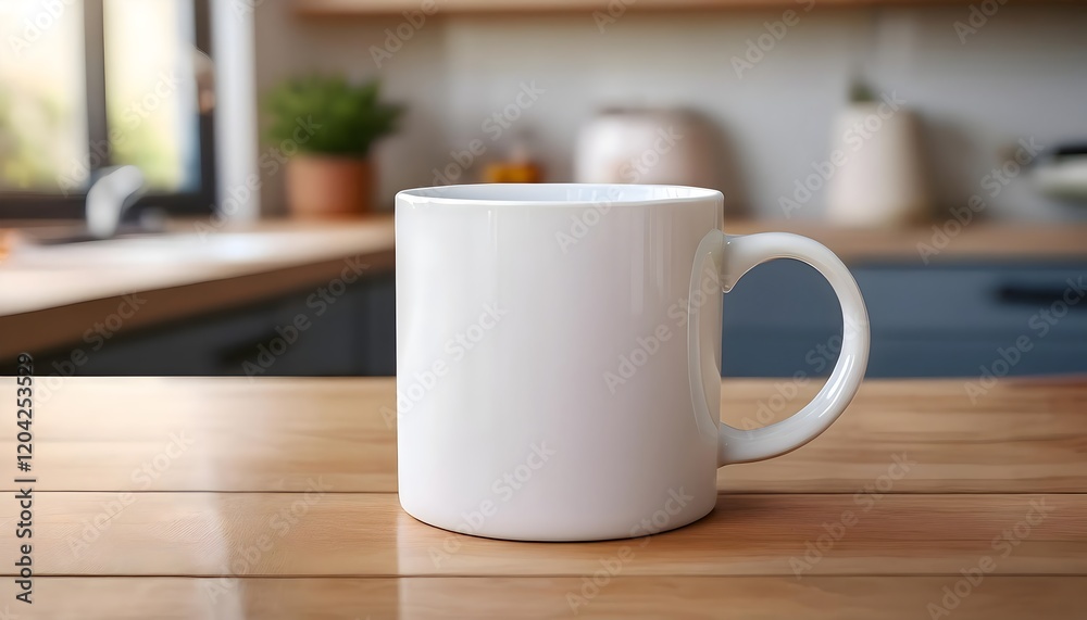 Plain blank white ceramic mug mockup standing on the wooden table