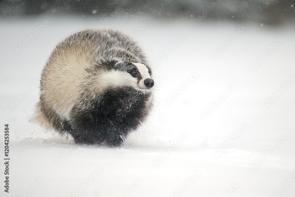 Obraz premium “European Badger Running on a Snowy Clearing at the Forest Edge”