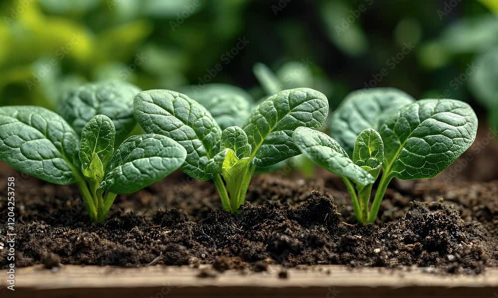 Fresh spinach seedlings growing in rich soil, surrounded by lush green foliage in the background