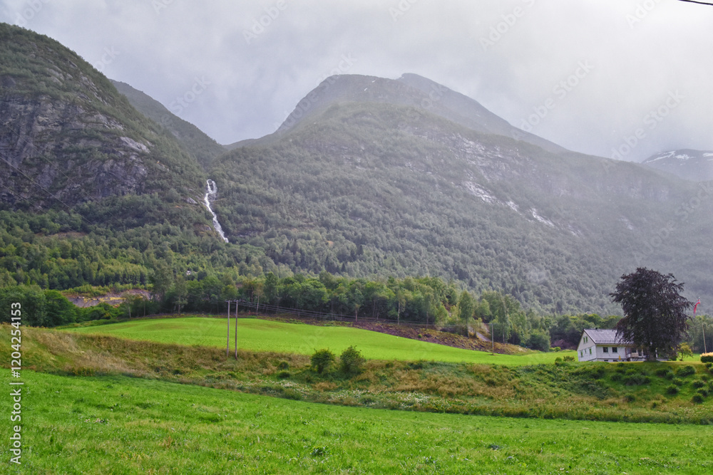 Olden Norway 2024 hiking views towards Briksdal Glacier, Jostedal Glacier largest glacier on Europe's mainland. Glacial river flowing to Sognefjord. Scandinavia, Nordic.
