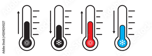thermometer icon cold and heat, temperature scale symbol, cool and hot weather sign, simple isolated vector image