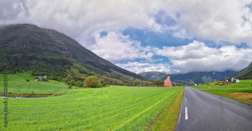 Olden Norway 2024 hiking views towards Briksdal Glacier, Jostedal Glacier largest glacier on Europe's mainland. Glacial river flowing to Sognefjord. Scandinavia, Nordic.