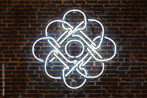 Celtic knot neon light on brick wall, intricate design with loops and connections against dark background photo