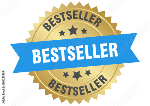 bestseller. bestseller round blue and gold label isolated on transparent background