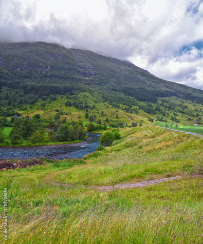 Olden Norway 2024 hiking views towards Briksdal Glacier, Jostedal Glacier largest glacier on Europe's mainland. Glacial river flowing to Sognefjord. Scandinavia, Nordic.