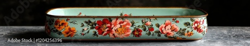 Vintage floral tray with hand-painted roses on rustic background