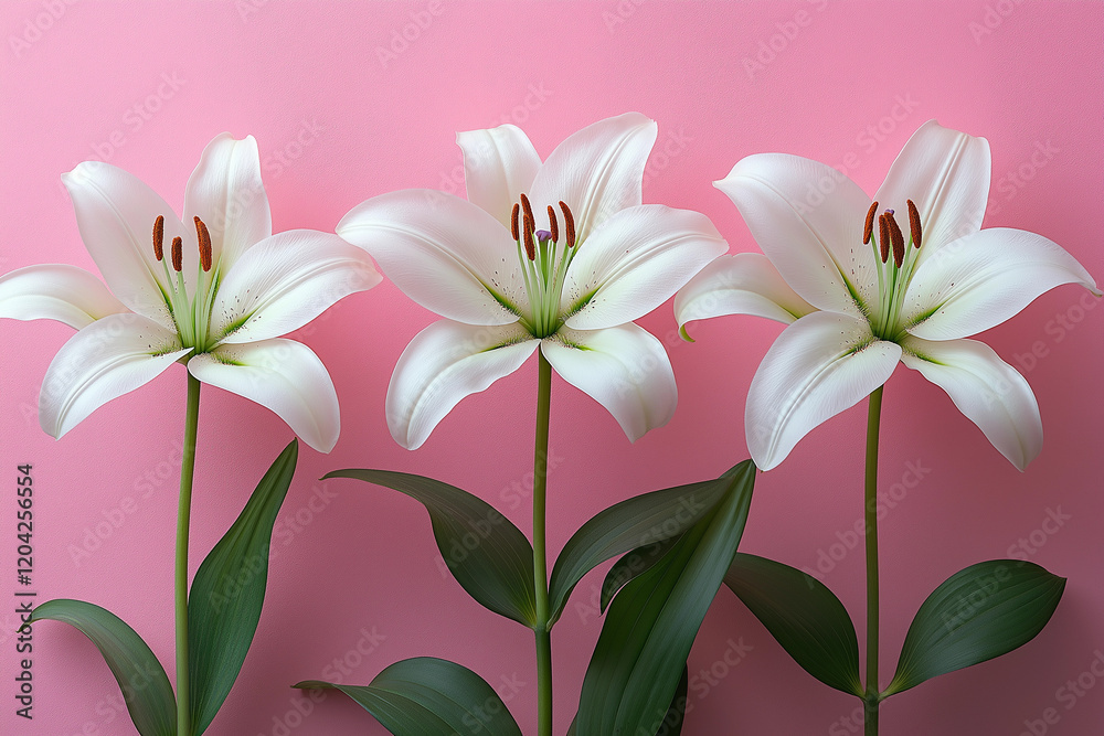 Fototapeta premium Three elegant white lilies against a pink backdrop.