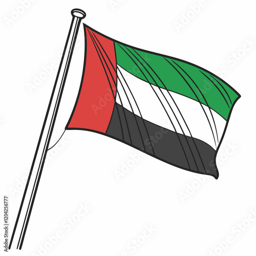 United Arab Emirates Flag: Green, white, black, and red vertical stripes.
