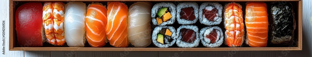 Variety of fresh sushi selection in elegant wooden box: nigiri, sashimi, and rolls Variety of fresh sushi selection in elegant wooden box: nigiri, sashimi, and rolls