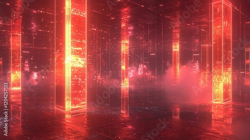 Red digital city with glowing pillars, smoky atmosphere, reflective floor.