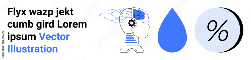 Human head with brain gear, blue water droplet, and percentage symbol. Ideal for technology, neuroscience, fluid dynamics, mathematics, education, engineering, and templates. Landing page Human head with brain gear, blue water droplet, and percentage symbol. Ideal for technology, neuroscience, fluid dynamics, mathematics, education, engineering, and templates. Landing page