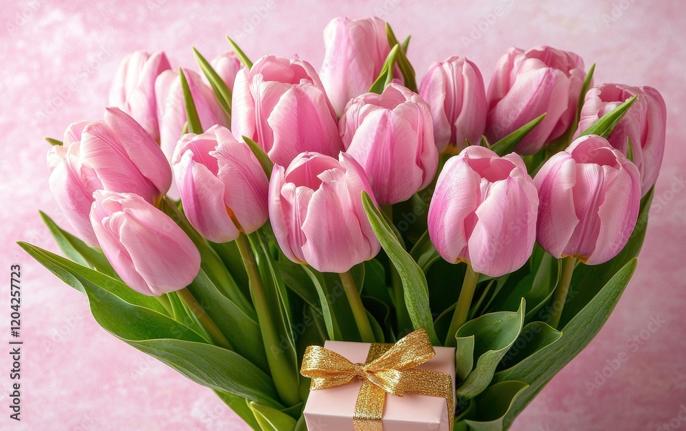 A luxurious bouquet of pink tulips and a small gift box wrapped in pastel paper with a golden bow, placed on a light pink background for Valentines Day and 8 March A luxurious bouquet of pink tulips and a small gift box wrapped in pastel paper with a golden bow, placed on a light pink background for Valentines Day and 8 March