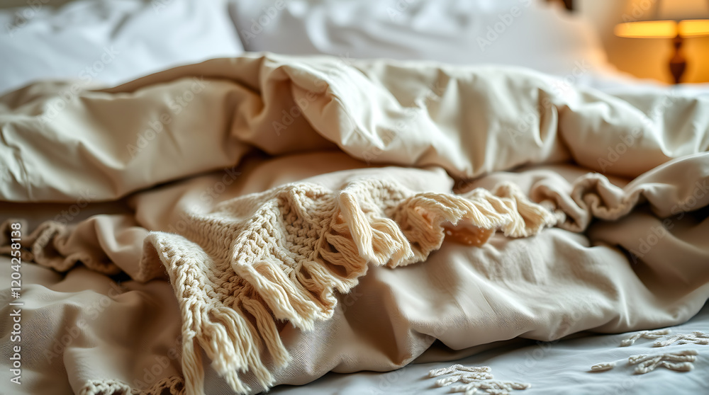 Cozy Knitted Blanket on a Bed: A Relaxing and Comfortable Bedroom Scene Cozy Knitted Blanket on a Bed: A Relaxing and Comfortable Bedroom Scene