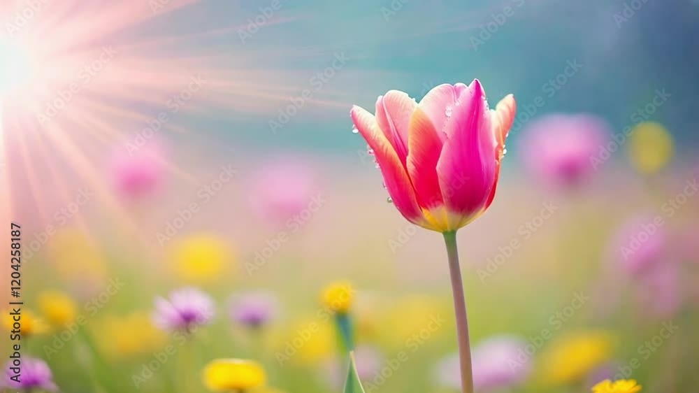bright sunny day in may with tulip field in various colors, spring flower field with pink tulips . Various colors wildflowers in sunlight bright sunny day in may with tulip field in various colors, spring flower field with pink tulips . Various colors wildflowers in sunlight