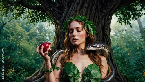 Eve Holding Bitten Apple With Snake Wrapped Around Her, Tree of Knowledge, Garden Of Eden Concept, Genesis Good and Evil Video 4K