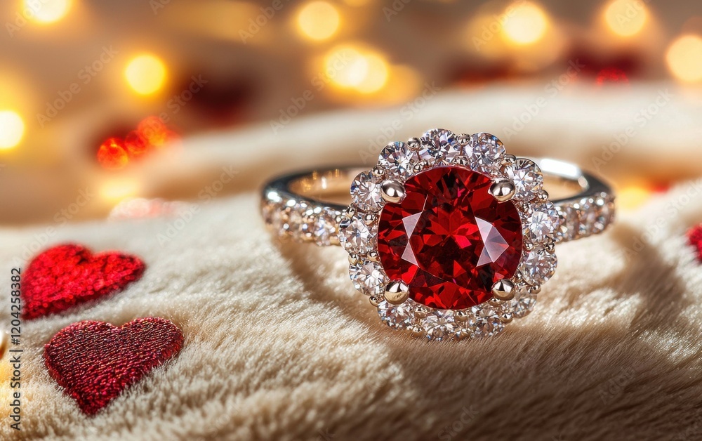 A bold red ruby ring surrounded by tiny diamonds, displayed on a velvet cream background with glowing hearts for valentines day A bold red ruby ring surrounded by tiny diamonds, displayed on a velvet cream background with glowing hearts for valentines day
