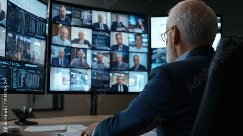 Elderly caucasian male in virtual business conference with multiple participants photo