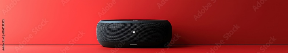 Modern black bluetooth speaker against vibrant red background