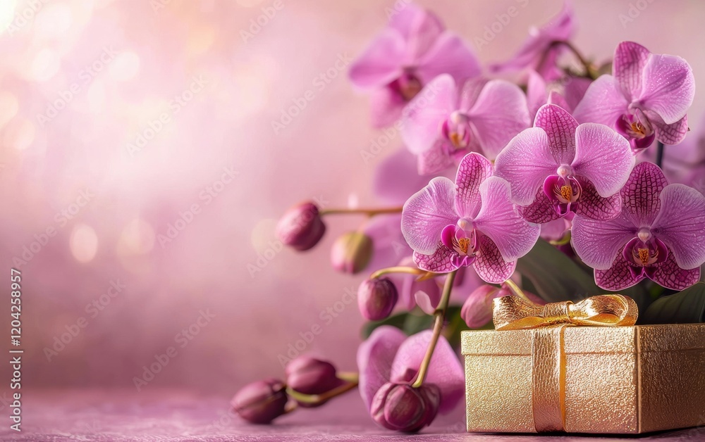 A luxurious bouquet of purple orchids with a gold-trimmed gift box, styled on a soft gradient background for Valentines Day and 8 March A luxurious bouquet of purple orchids with a gold-trimmed gift box, styled on a soft gradient background for Valentines Day and 8 March