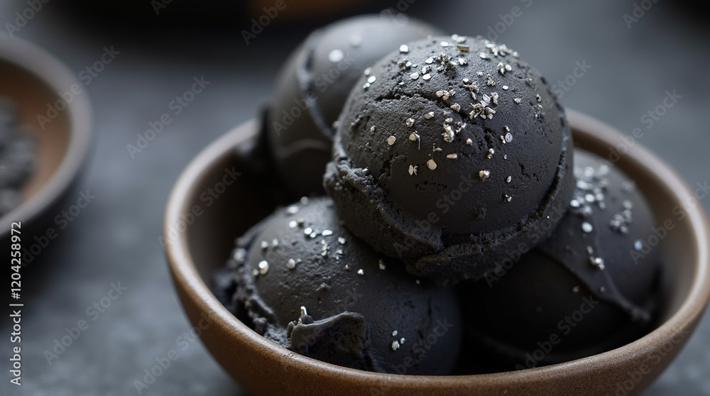 Fototapeta premium Creamy charcoal ice cream in a bowl, with a smooth, glossy texture. The ice cream has a dark, rich color, topped with a sprinkle of edible silver dust. 