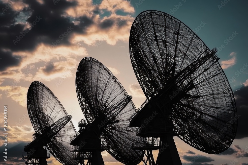 Satellite dishes under dramatic sunset sky