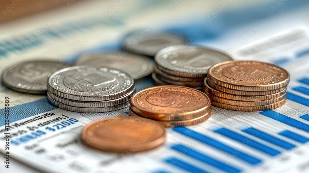Coins stacked on financial charts showing investment and economic growth analysis Coins stacked on financial charts showing investment and economic growth analysis