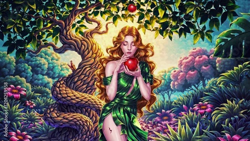 Loop Of Eve Standing By Tree Of Knowledge in the Garden of Eden With Snake And Apple, Biblical Representation Concept Looping Video 4K