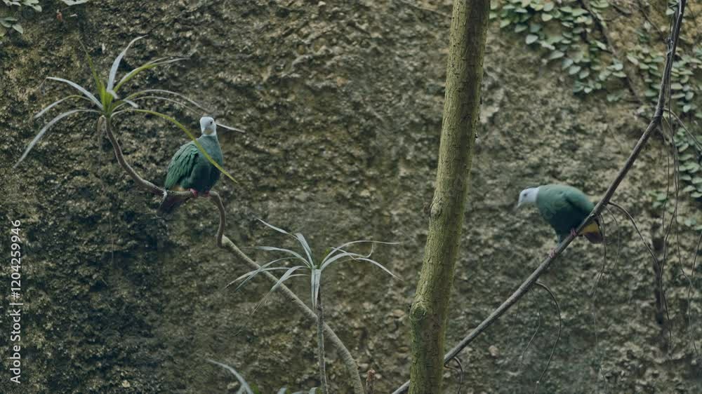 Beautiful wompoo fruit dove perching on a branch and flying to another branch Beautiful wompoo fruit dove perching on a branch and flying to another branch