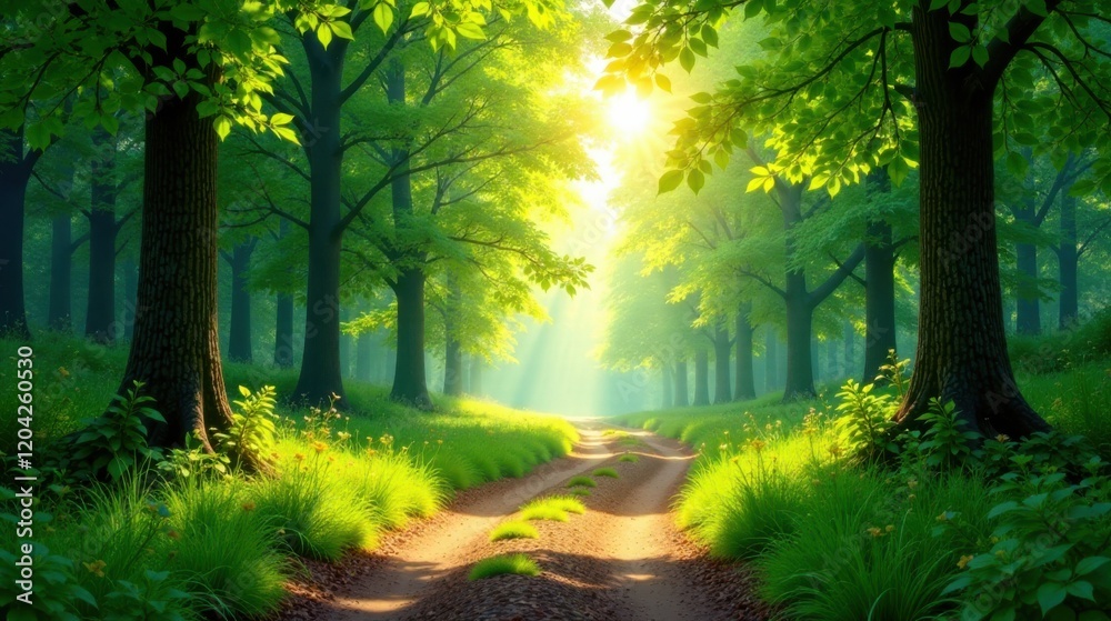 Sunlit Path Through a Lush Green Forest with Vibrant Undergrowth and a Serene Atmosphere Sunlit Path Through a Lush Green Forest with Vibrant Undergrowth and a Serene Atmosphere