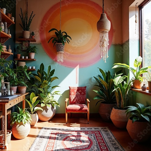 Tableau sur toile A vibrant studio with eclectic decor, patterned textiles, and an array of indoor plants, showcasing a bohemian vibe