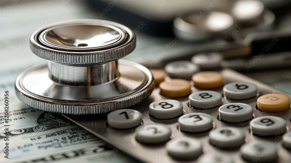 Stethoscope and calculator on us dollar bills depicting medical expenses and finance Stethoscope and calculator on us dollar bills depicting medical expenses and finance