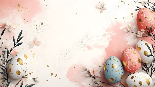 Colorful Easter Eggs with Floral Accents and Painting Supplies