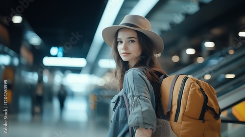 A casual shot of a woman with her travel bag at the airport, glancing at the camera confidently.