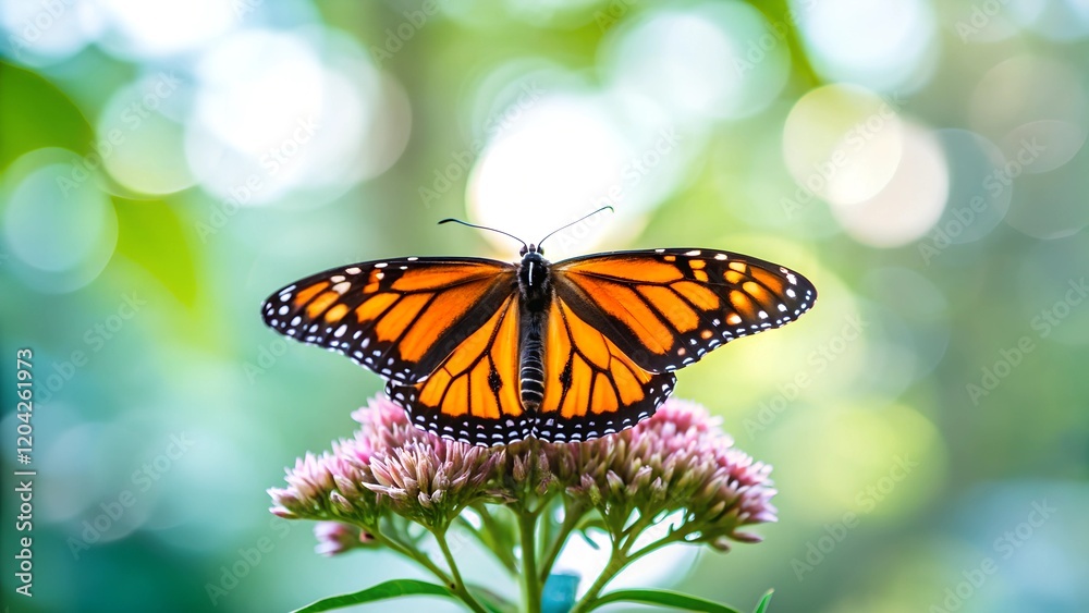 Naklejka premium Monarch Butterfly Wings Spread on Pink Flower in Nature