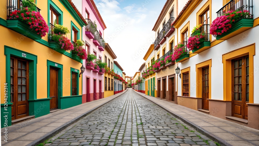 Fototapeta premium Vibrant Colorful Street, Cobblestone Road, Spanish Architecture, Flower Boxes, Sunny Day