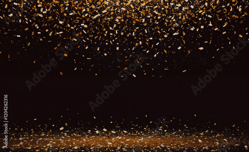 A black background with gold confetti falling from the sky. The confetti is scattered all over the background, creating a festive and celebratory atmosphere