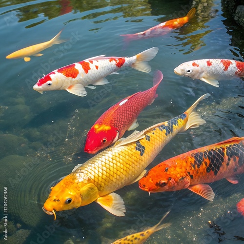 pond with colorful carp in water