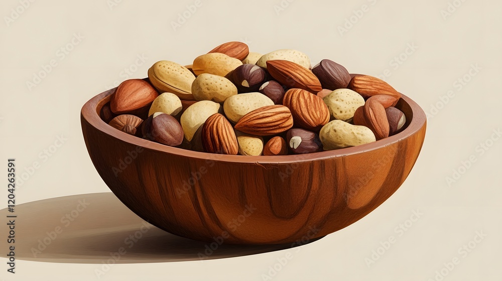 Assorted Healthy Nuts in Wooden Bowl on Beige Background Assorted Healthy Nuts in Wooden Bowl on Beige Background