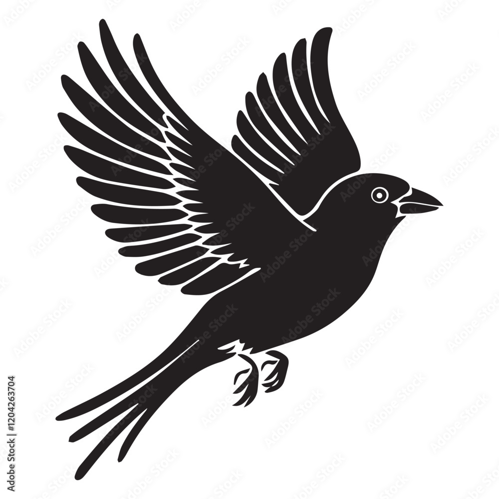 Obraz premium A minimalist, beautiful linocut illustration of a flying Grosbeak bird in silhouette. This black vector artwork captures the elegant form and graceful movement of the bird.
