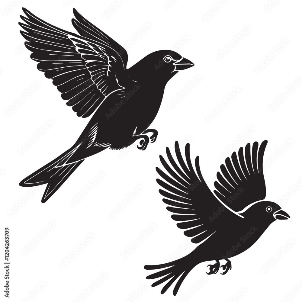 Obraz premium A minimalist, beautiful linocut illustration of a flying Grosbeak bird in silhouette. This black vector artwork captures the elegant form and graceful movement of the bird.