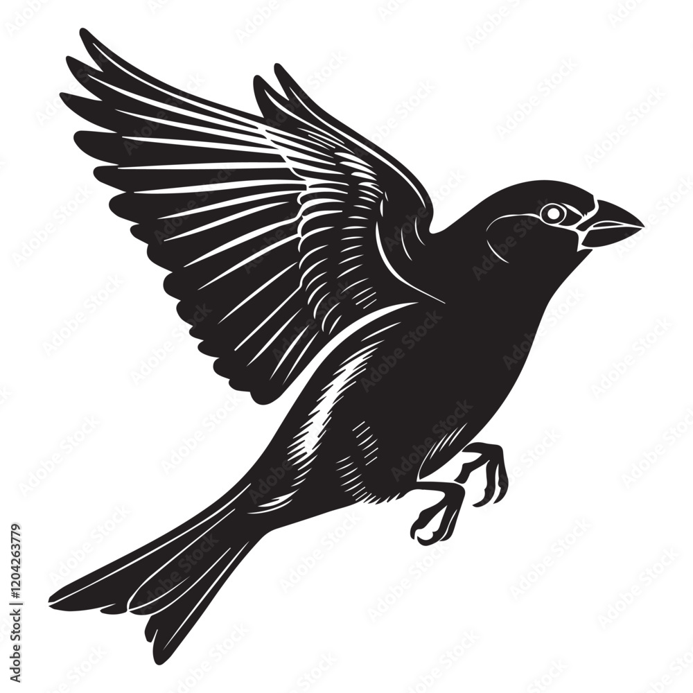 Fototapeta premium A minimalist, beautiful linocut illustration of a flying Grosbeak bird in silhouette. This black vector artwork captures the elegant form and graceful movement of the bird.