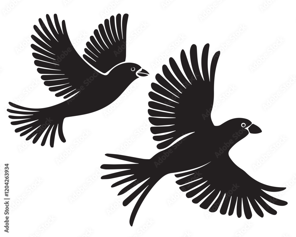 Fototapeta premium A minimalist, beautiful linocut illustration of a flying Grosbeak bird in silhouette. This black vector artwork captures the elegant form and graceful movement of the bird.