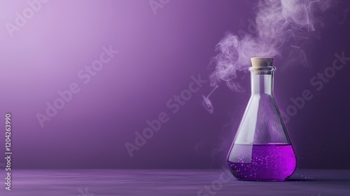 Swirling toxic solution laboratory visual art science environment close-up chemical compound with purple molecule smoke photo