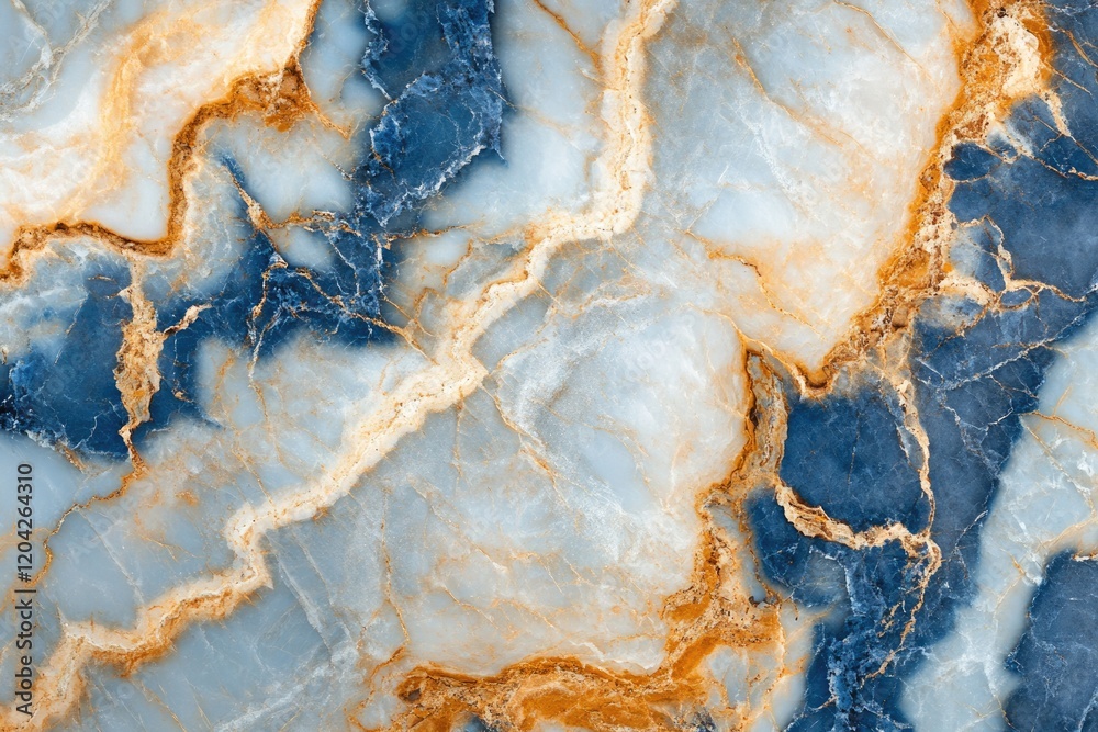 Fototapeta premium Abstract blue, gold, and white marble texture with swirling patterns and veins.