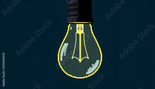 Light bulb with the lines are connected in a circle on the outside, pixel art, with white tones